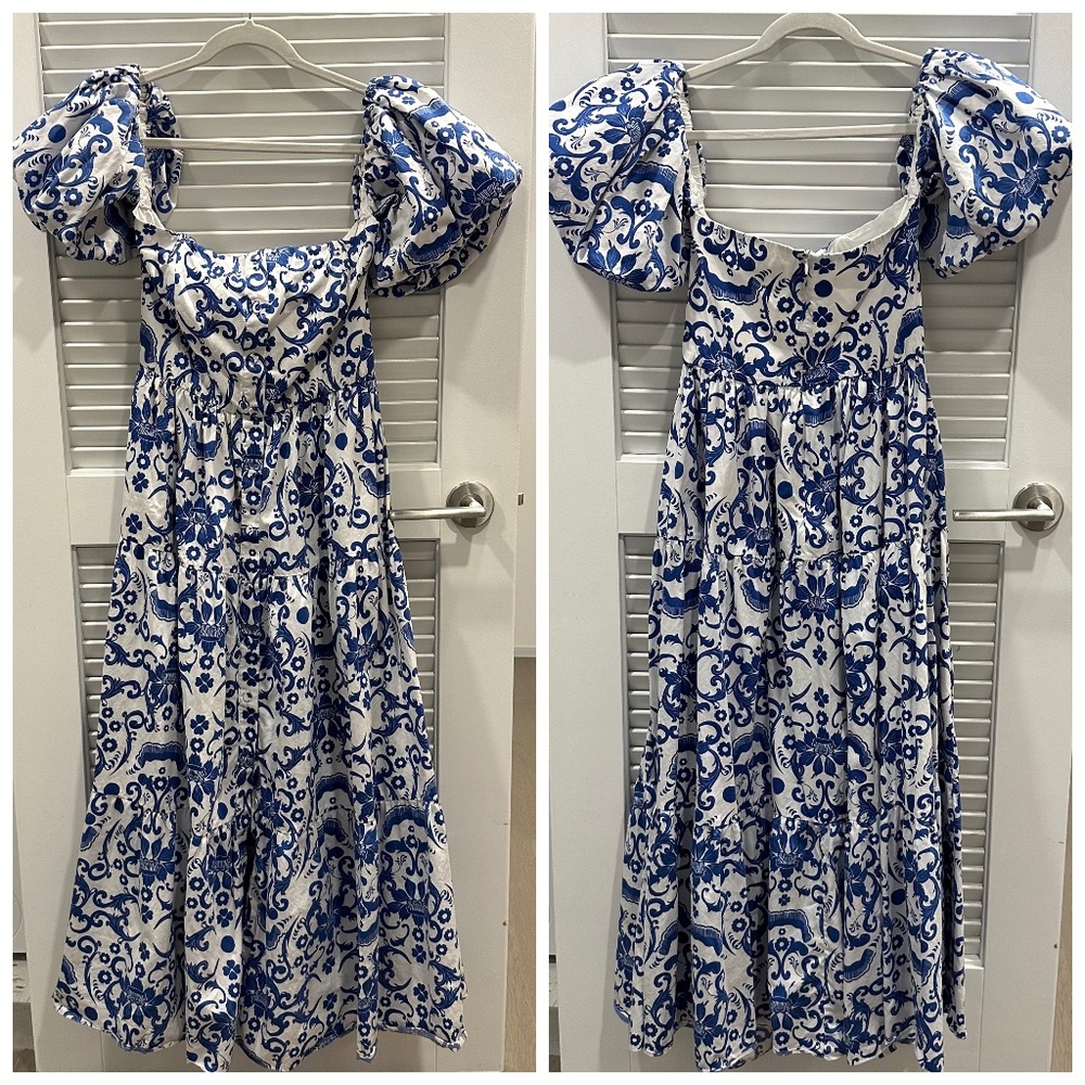 Borgo De Nor Julia Cotton Dress Venezia Blue Off the Shoulder Button UK 12 US 8 - Picture 2 of 11